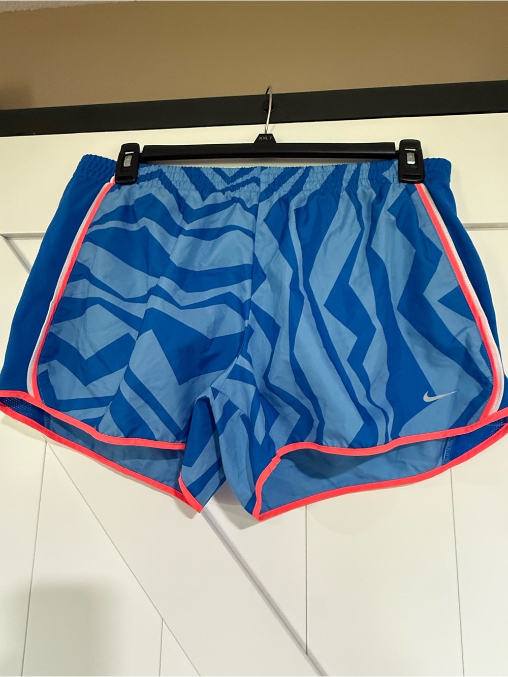 Nike Women’s Blue Geometric Athletic Shorts with Pink Trim